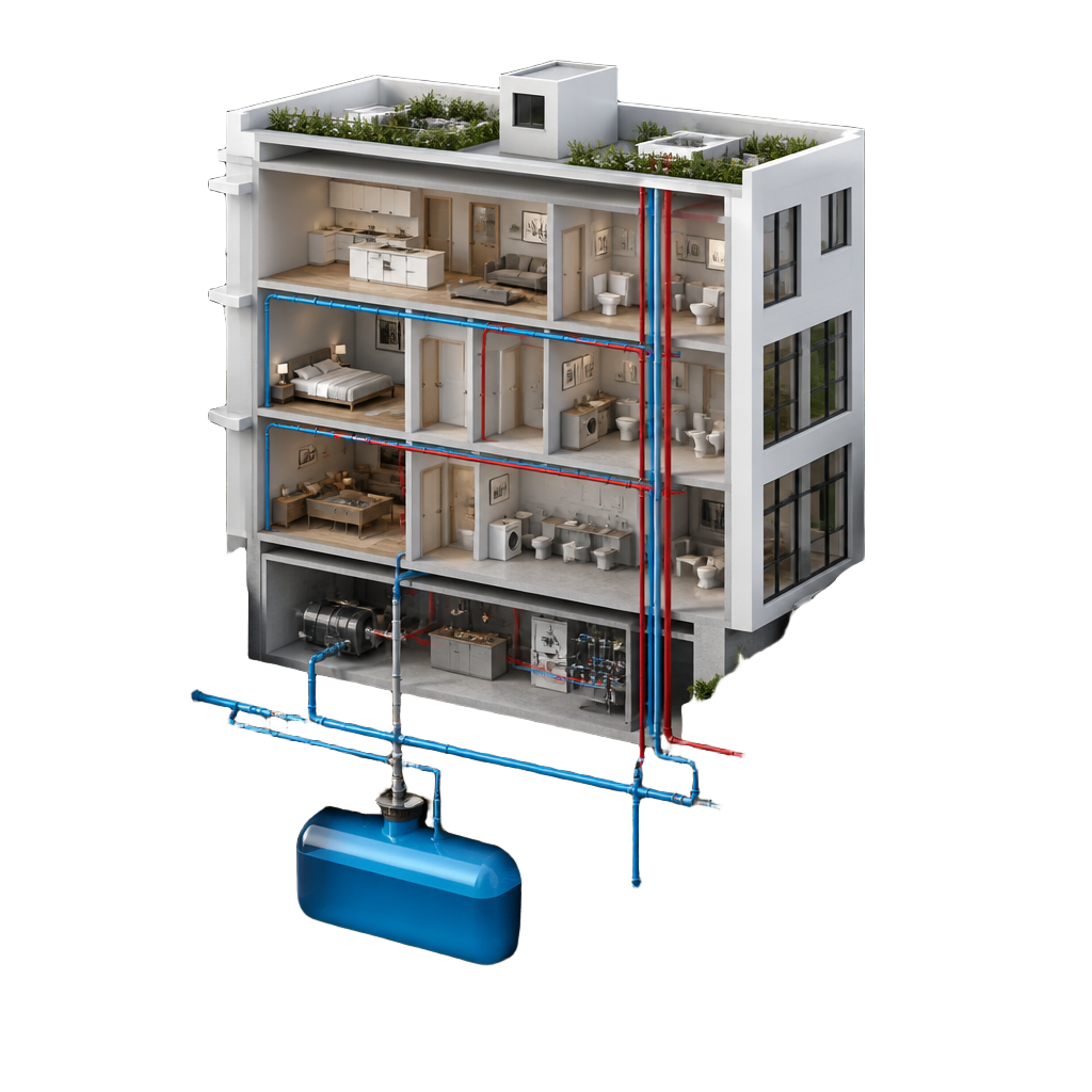 Cutaway illustration of a building showing electrical and plumbing systems